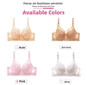 Lace bra set in nude, dark nude, pink, and white featuring floral lace and bow detail