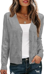 Detail of grey V-neck knit cardigan showing waffled texture and button closure