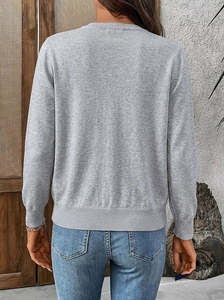 Rear view of grey thin knit cardigan featuring ribbed hem and cuffs in a casual style