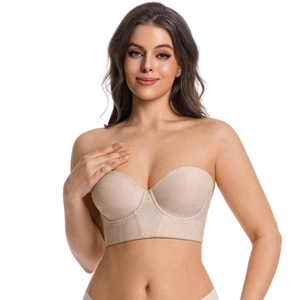 Soutien-gorge sans bretelles grande taille avec jacquard floral et armatures beiges