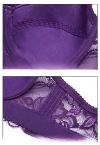 Detail showing breathable cotton inner lining and wide floral lace side wings of the bra