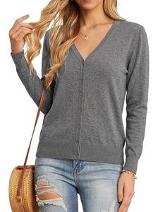Women's classic grey V-neck knit cardigan sweater with long sleeves and front buttons
