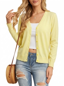 Detail view of the V-neck button closure and soft knitted texture on the yellow cardigan