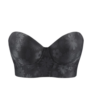 Détail du soutien-gorge push-up noir sans bretelles avec motif floral de marguerites