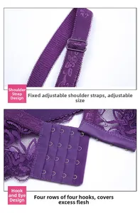 Detailed view of adjustable straps and four-row hook-and-eye closure on lace bra