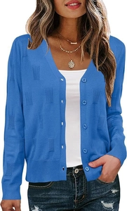 Close-up of bright blue V-neck cardigan featuring detailed square jacquard texture