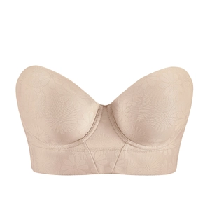 Détail de soutien-gorge bandeau beige en jacquard fleuri avec bande large anti-glisse
