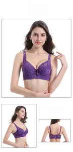 Detailed views of purple lace bra with floral patterns and adjustable back closure