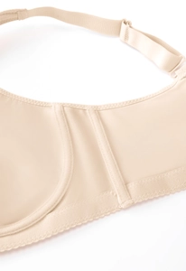 Detail of adjustable straps and side support on beige plus size seamless bra