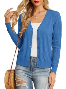 Close-up of dark blue V-neck knit cardigan with textured vertical stripes and buttons