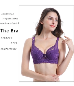 Detail of purple lace bra cup featuring intricate floral embroidery and bow ornament