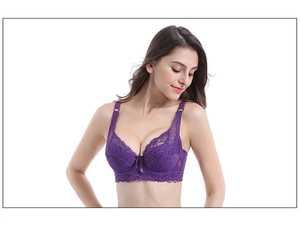 Close-up of deep purple lace bra with delicate floral patterns and a small center bow detail