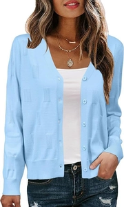 Close-up of light blue V-neck cardigan featuring detailed 3D square knit texture
