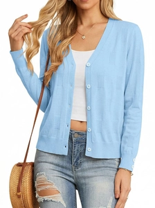 Detail of light blue knit cardigan featuring vertical ribbed texture and V-neck line