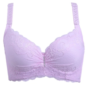 Detailed view of floral lace embroidery and rhinestone accents on this pink plus size bra