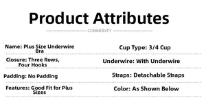 Detailed size and feature chart for this plus size underwire bra with 3/4 cups