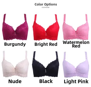 Detailed grid view showcasing six colors of lace embroidered bras in white background