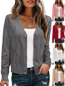 Women Casual V Neck Knit Cardigan Button Down Long Sleeve Slim Fit Textured Solid Color Sweater Top Sweater Jacket