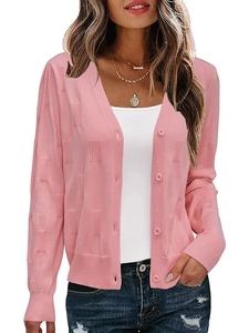 Slim fit pink long sleeve V-neck knitted cardigan sweater with ribbed cuffs and buttons