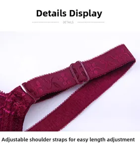 Adjustable lace shoulder strap detail on a burgundy underwired bra for a custom fit