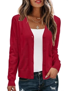 Slim fit dark red long sleeve V-neck knit cardigan with button closure and vertical texture