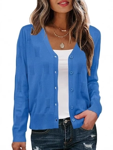 Slim fit Klein blue V-neck knit cardigan with button closure and textured pattern