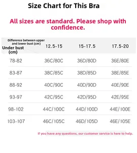 Detailed size chart for lace plus size underwired bras ranging from 36C to 46E