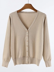 Women's V-neck long sleeve knit cardigan in khaki with seven wooden buttons closure