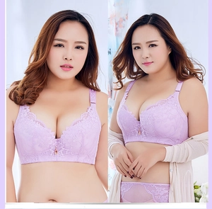 Detail of light purple lace bra showing intricate floral patterns and teardrop pendant
