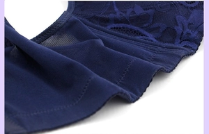 Detailed close-up of navy blue floral lace and breathable mesh fabric on large size bra