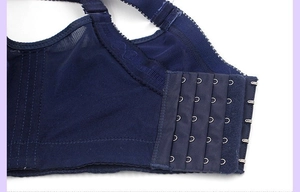 Close-up of four-row back closure and breathable mesh on dark blue lace bra
