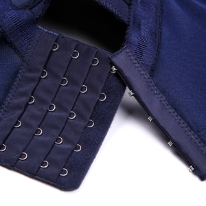 Back view of navy blue plus size lace bra featuring stable four-row hook and eye closure