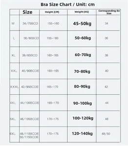 Size chart for seamless sports bra ranging from M up to 6XL with EU size conversions