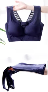 Close-up of flexible navy blue wireless sports bra with breathable mesh and elastic fabric