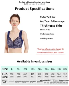 Detailed size chart for plus size lace bra including dimensions from L to 8XL