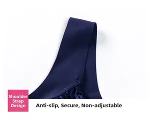 Detail of dark blue fixed wide shoulder straps with non-slip lace stitching on bra