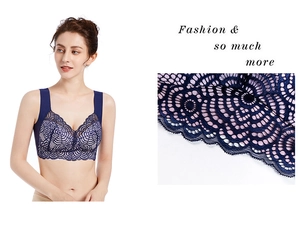 Close-up of intricate navy floral lace pattern and wide shoulder straps on a bra