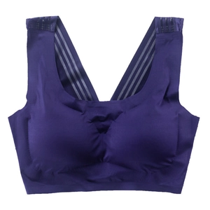 Seamless purple sports bra with wide straps and ribbed back design for maximum support