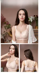 Detail of nude wireless lace bra with floral patterns and adjustable wide straps