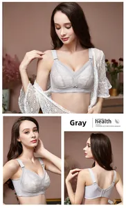 Detail of grey lace bra featuring floral patterns and supportive wide shoulder straps