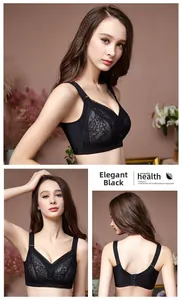 Detail of elegant black lace full cup bra with wide side wings and triple hook closure