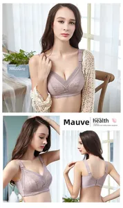 Detailed views of mauve lace full cup bra showing front, side and U-shaped back design