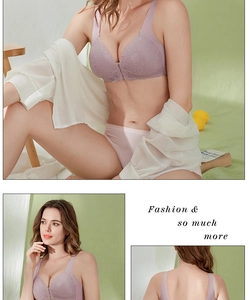 Viste dettagliate del reggiseno in pizzo lilla con chiusura frontale e spalline larghe