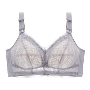 Gray full coverage lace bra with non-wired design for support and breast reduction