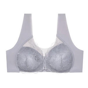 Reggiseno in pizzo con chiusura anteriore lilla, senza ferretto con spalline larghe