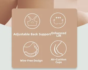 Detailed view of seamless bra features: adjustable back, lift up, and wireless air inner cup