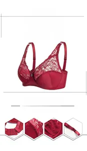 Detail of red lace bra featuring three-row back hooks and adjustable elastic straps