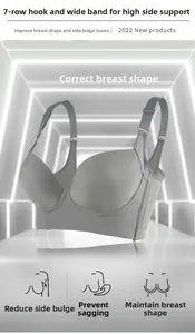 Detailed close-up of grey full cup bra featuring a wide 7-row hook closure for extra support