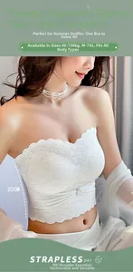 Detailed view of white floral lace strapless bra with side support and center buckle