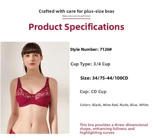 Detailed size chart for lace underwire bra with cup sizes CD and multi-color options